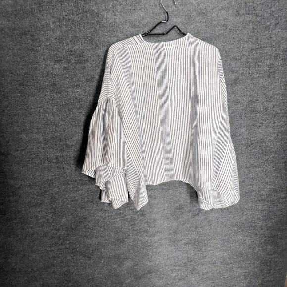 Kimono Cardigan Womens One Size Blue White Striped Gauzy Beachy Flounce Boho - Picture 4 of 5